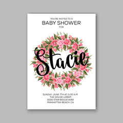 Baby shower invitation template with watercolor tropical flower wreath