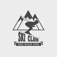 Ski club and snowboarding resort logo, emblem, label or badges vector element with skier and mountain