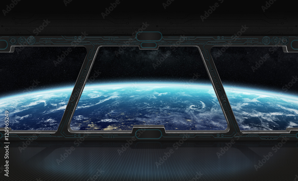 Aufkleber view of planet earth from inside a space station 3d rendering el