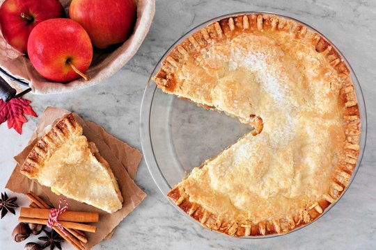 Apple Autumn Pie, Overhead Scene With Cut Slice On Marble Background