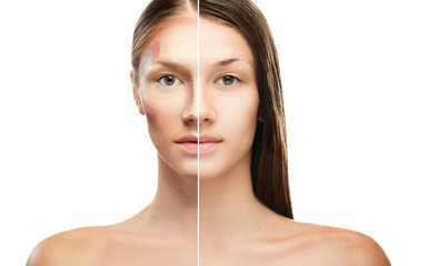 Woman face before and after professional makeup application. Facial contouring and blending makeup....