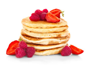 Tasty pancakes with fresh berries isolated on white