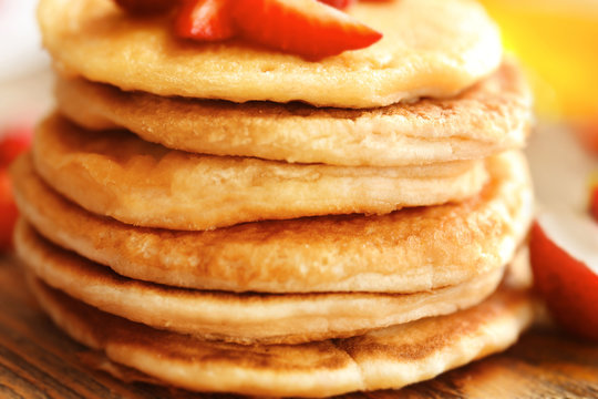 Tasty pancakes with fresh berries, closeup