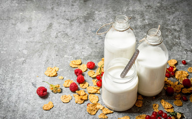 Fitness food. Milk with cereal and berries.