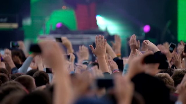 Crowd of fans cheering at open air live festival