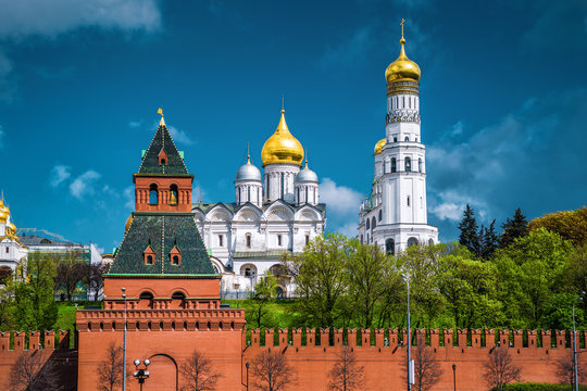 Moscow Kremlin in summer, Russia. Old churches on blue sky background.