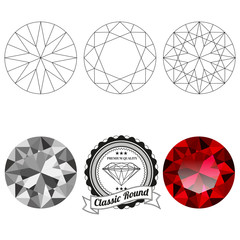 Set of classic round cut jewel views isolated on white background - top view, bottom view, realistic ruby, realistic diamond and badge. Can be used as part of logo, icon, web decor or other design.