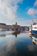 Scenic waterfrontand embankment of the Old Town in Stockholm, Sweden