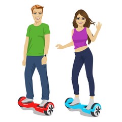 happy young couple riding gyroscooter - eco transport, hoverboard, smart balance wheel