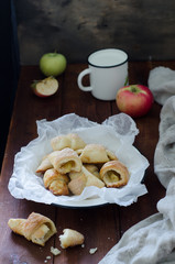 Breakfast with small homemade croissants in rustic style