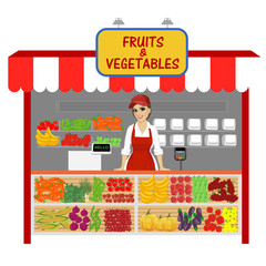 vegetables and fruits shop with female seller