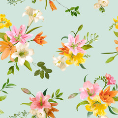 Naklejka na ściany i meble Spring Lily Flowers Backgrounds - Seamless Floral Pattern - in vector
