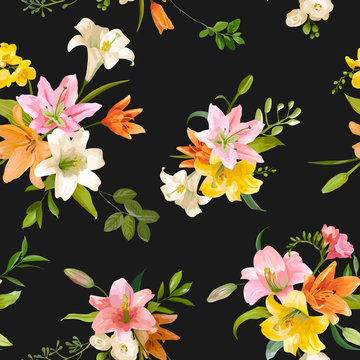 Spring Lily Flowers Backgrounds - Seamless Floral Pattern - in vector