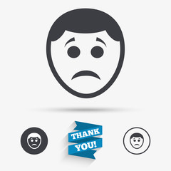 Sad face sign icon. Sadness symbol.