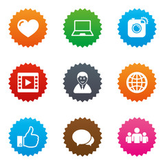Social media icons. Video, share and chat signs.