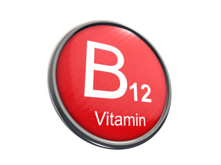 B12 vitamin symbol on red glossy round icon isolated on white background