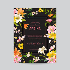 Vintage Floral Colorful Frame - Watercolor Lily Flowers - for Invitation