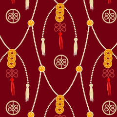 Pattern in the Chinese style with gold beads and ancient Chinese coins Feng Shui on burgundy background.
