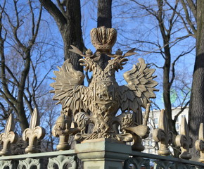 The double-headed eagle. Fragment of the lattice around the house of Peter I, St. Petersburg. The...