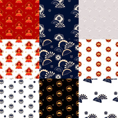 Set of Asian seamless pattern in Chinese or Japanese style.