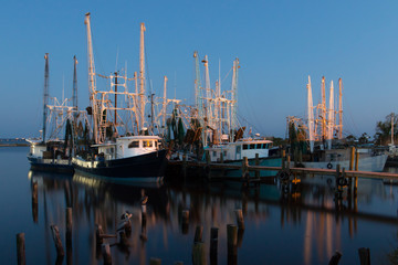Fishing boats and shrimp boats in a marina at sunset.