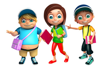 kid girl and kid boy with School bag and books