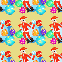 seamless pattern christmas balls and Santa Claus on a yellow bac