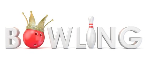 Word BOWLING, crown, bowling, ball and pin 3D