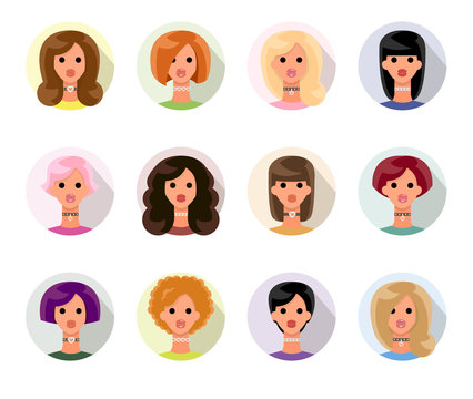 Set of girls avatars profile pictures. Cute portraits of beautiful young girls with various hairstyles. Flat vector illustration.