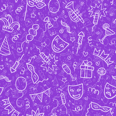White carnival symbols in doodle style on violet background, vector seamless pattern