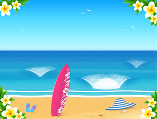 Vector summer beach postcard template with sand, waves, surfing board, hat and slippers