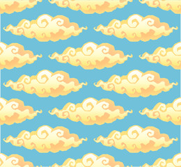Yellow curly cartoon style clouds on blue background vector seamless pattern
