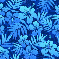 Fototapeta na wymiar Blue tropical flowers seamless pattern