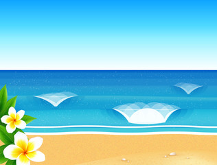 Fototapeta na wymiar Vector sunny beach with waves and frangipani flower