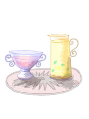 Сolorful jars full of lemon juice and strawberry or raspberry juice drawn by watercolor, marker and pencil