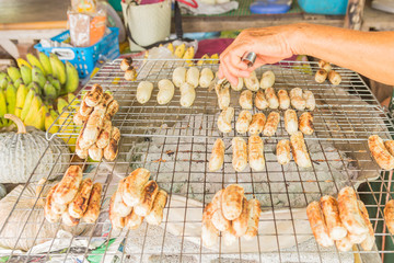Grilled banana selling at local Thai market, Northeast of Thaila