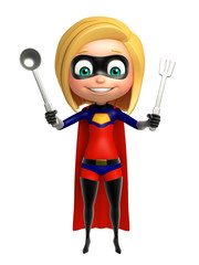 supergirl with kitchen equipment