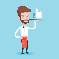 Waiter with like button vector illustration.
