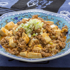 Sauteed fresh tofu with meat and onion on platter