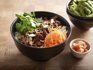 Lifestyle Beef Donburi with rice, kimchi and boiled soyal bean