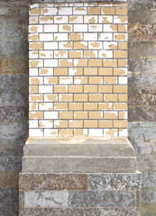 Old yellow Brick Wall With Damaged Grey Plaster Abstract Horizon