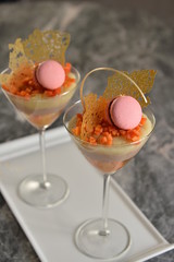 Glasses of cocktail cake on white plate in restaurant