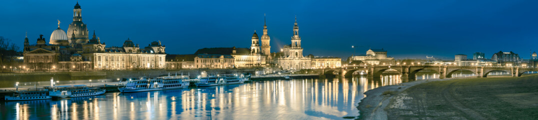 Night panorama of Dresden Old town with reflections