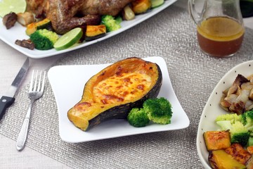 Fried zucchini soup for roasted chicken on white plate