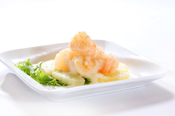 Steamed bread with pickled radish and herbs on white plate