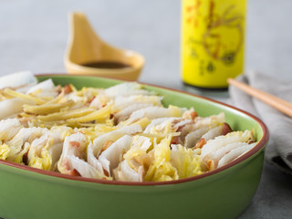 Steamed white cabbage or kimchi in meal box in japanese style