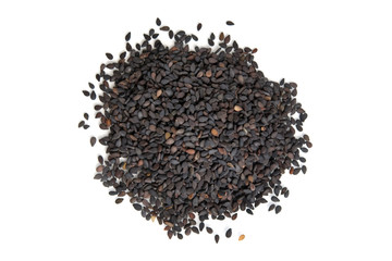 Pile of black sesame seeds isolated on white background top view