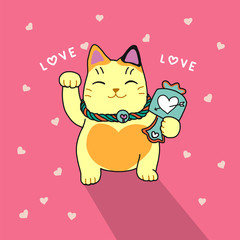 Cute lucky cat cartoon illustration on pink with heart background