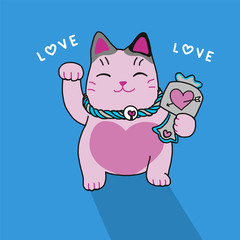 Pink lucky cat cute cartoon illustration on blue background