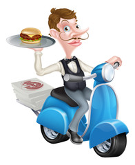 Cartoon Waiter on Scooter Moped Delivering Burger